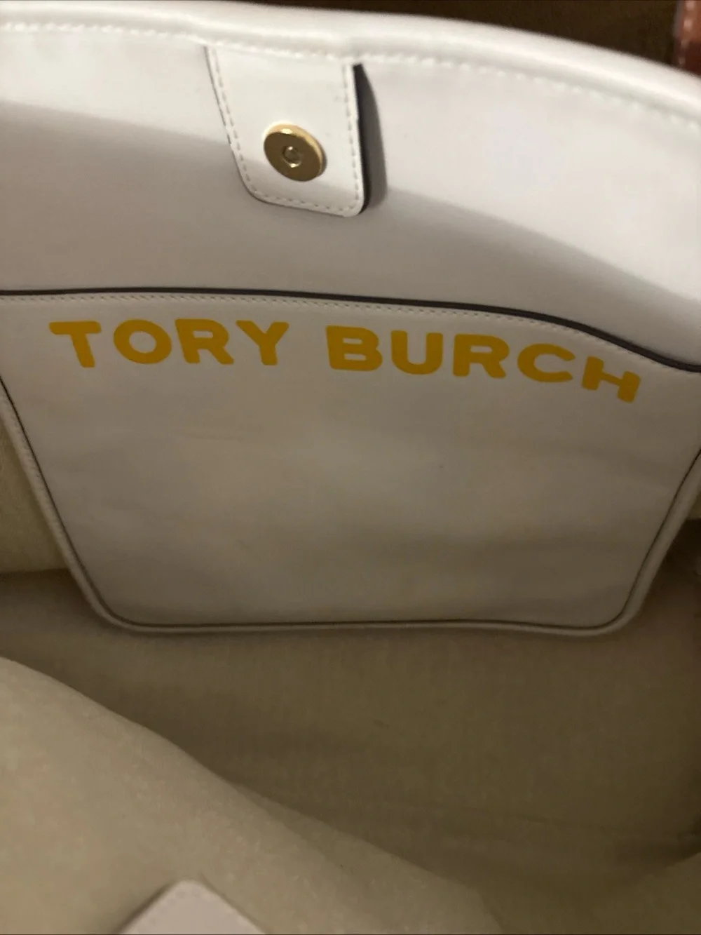 Tory Burch Blue and White Stripe Daisy Canvas Tote with Brown Leather Handles
